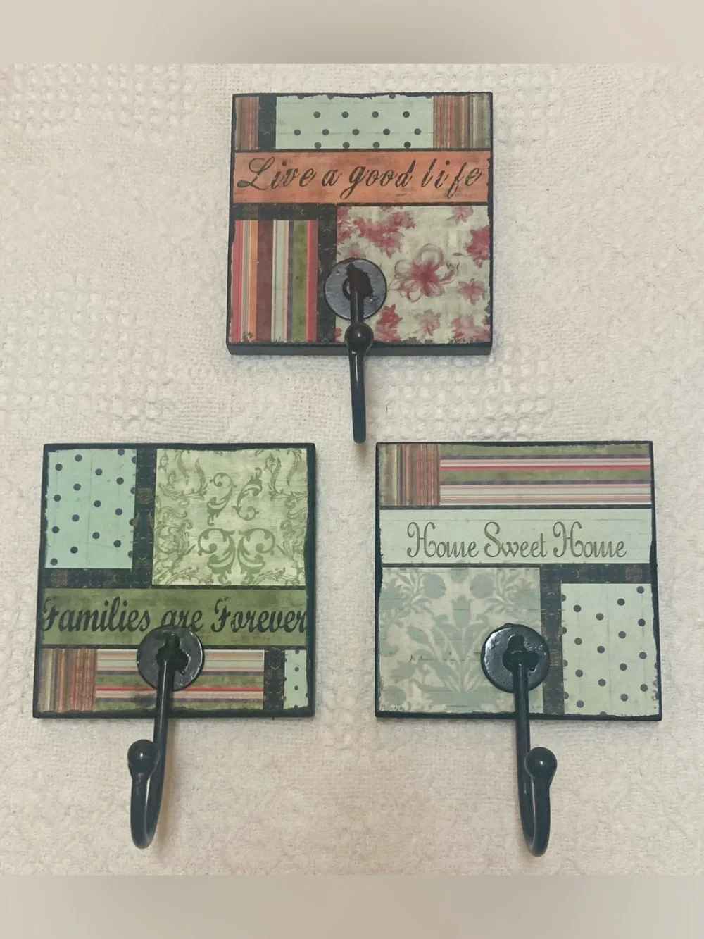 Set of 3 Patchwork Decorative Wall Hooks - Green, Cream & Coral Each 5x5x3/4”